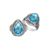 Sterling Silver Blue Topaz Quartz Ring With Balinese Carved Band For Women